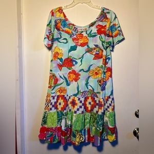 Jams World “Hattie” Tiered Ruffle Dress Fish & Flowers Size Large EUC!